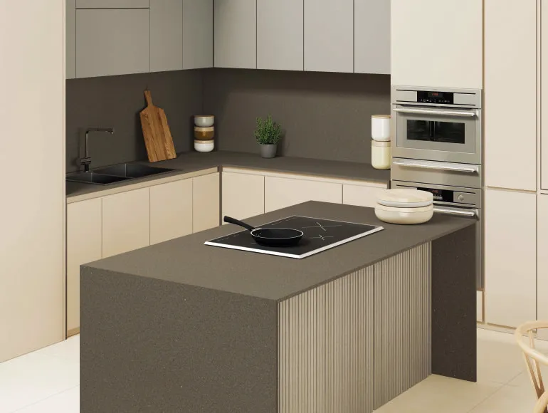 Luxurious matte brown countertop design paired with neutral cabinetry